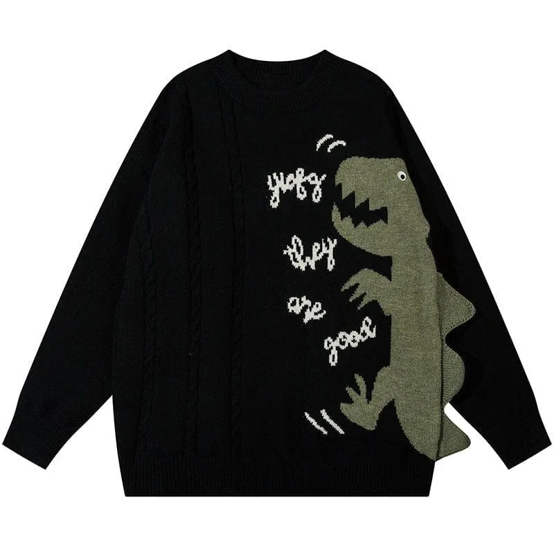Casual Loose Knit Crew Neck Sweater Jacquard Dinosaur Pattern Design 100% Cotton Knit Unisex Sweater