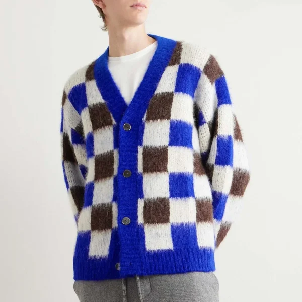 Square Color Blocking Design Mohair Cardigan Sweater Knitted Casual Fashion for Winter