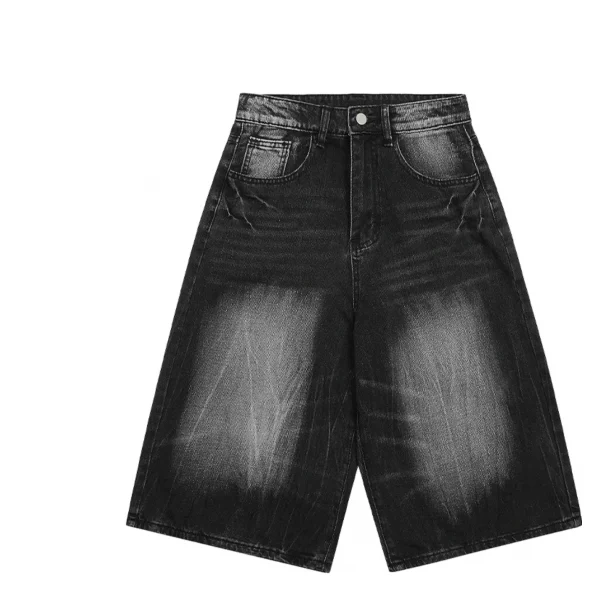 Men's Summer Baggy Jeans Shorts Breathable Loose Wide Leg with Mid Waist Japan Style Solid Pattern Woven Washed Denim