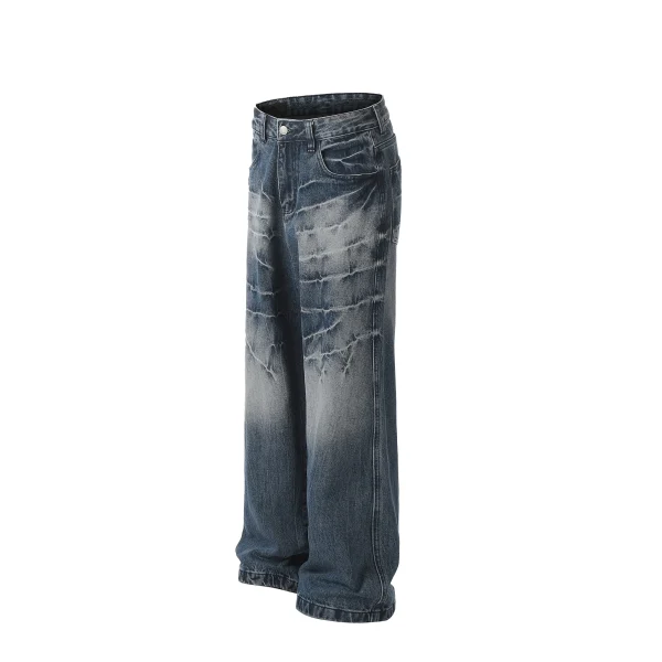 100% Cotton Men's Flared Baggy Jeans for Spring Autumn Mid Breathable Washable Enzyme Washed Button Zipper - Image 5