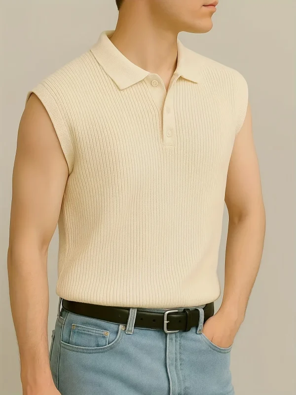 Summer Sleeveless Casual Knitted Jacquard Vest 100% Cotton Solid Color Design POLO Collar Men's Knitted Vests - Image 4