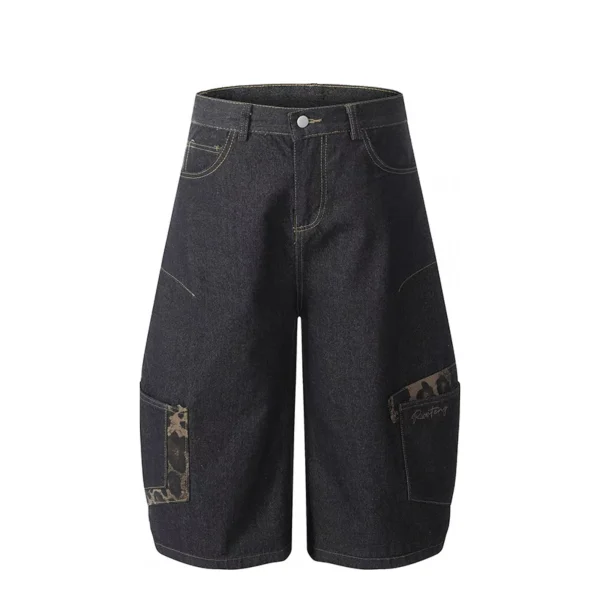 Vintage Curved Short Jeans Leopard Patchwork Breathable Mid Waist Denim Overalls for Men Cotton Summer Knitted