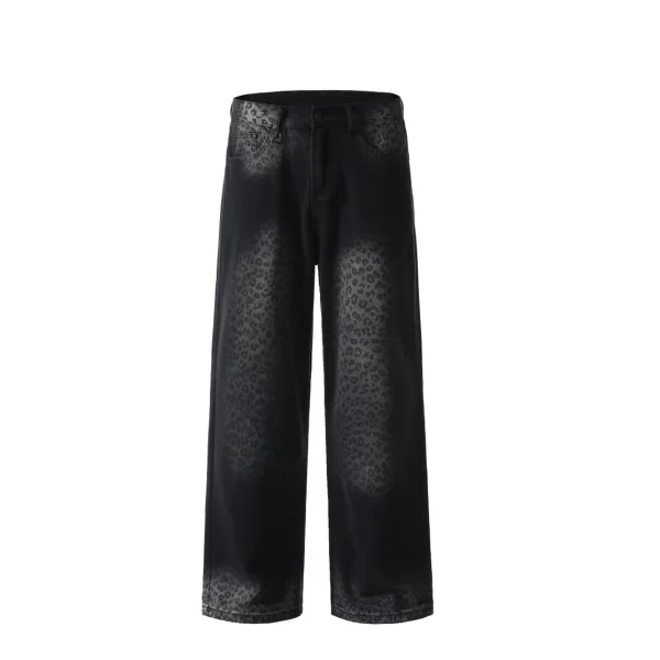 Black Wash Denim Five Pockets Wide-Leg Pants with Leopard Print Design Vintage Y2K Style Baggy Denim Jeans for Winter - Image 2