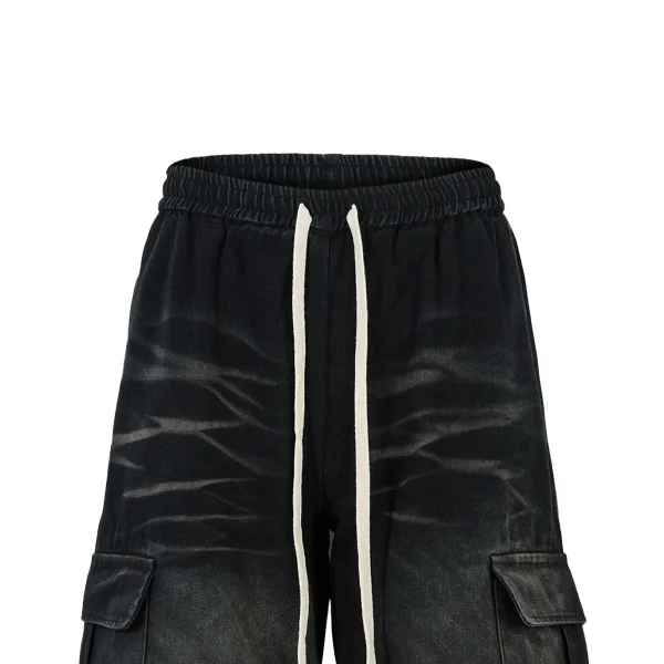 Autumn Spring Men's Drawstring Jeans Black Moustache Effect Enzyme Washed Baggy Hip Hop Wide Leg Denim Pants Mid - Image 3