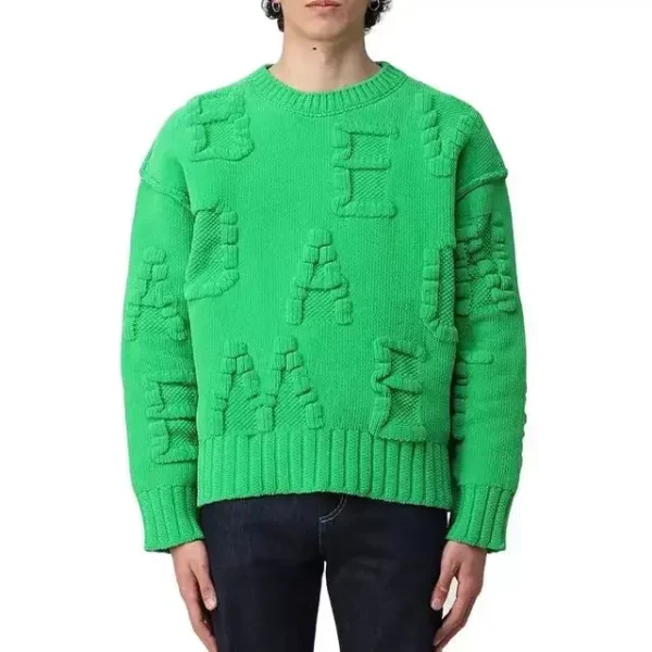 100% Cotton Men's Winter Sweater With Jacquard Knit  Embossed Crewneck Pullover With Letter Decoration