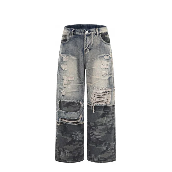 2025 Vintage American High Street Straight Pants Camouflage Stitched Loose Denim Washed for Autumn/Winter Season
