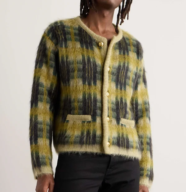Men's Fashionable V-Neck Furry Mohair Sweater Cardigan Pockets Brushed Jacquard Knit Winter Pattern