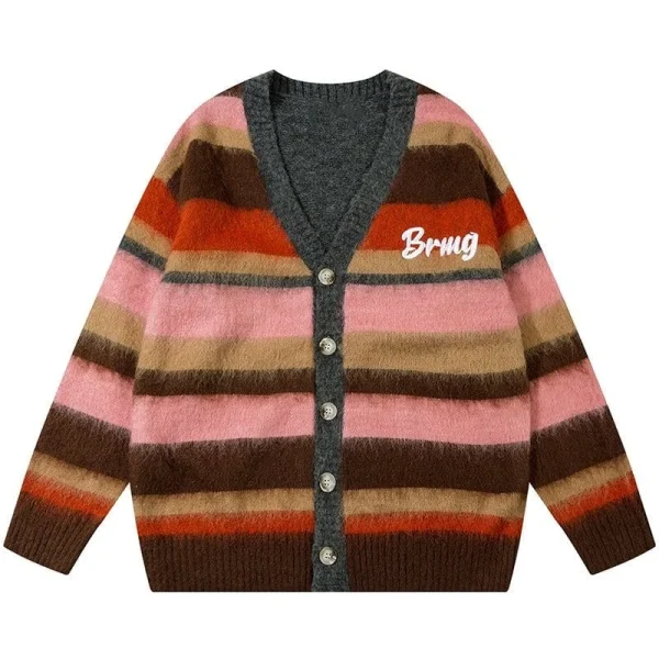 Unisex Casual Long Sleeve Fluffy Mohair Knitted Cardigan Embroidered V-Neck Collar Striped Winter Appropriate - Image 4