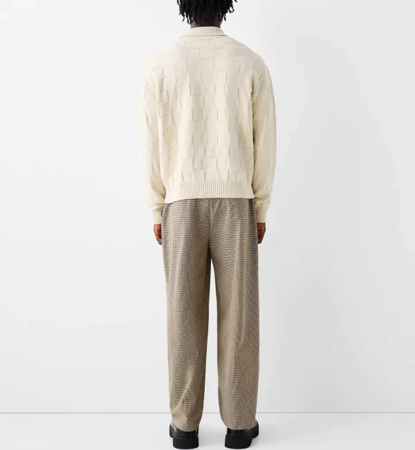 Men's Long Sleeve Zip-up Cardigan Embroidered 100% Cotton Polo Knit for Winter Textured with Letter Pattern - Image 5