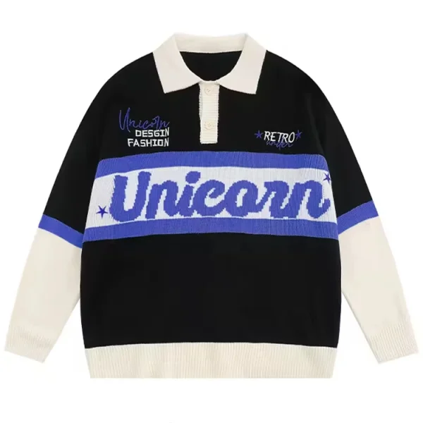 Fashion Casual Long Sleeve Polo Collar Letter Pattern Jacquard Knit Men's Pullover Sweater - Image 3