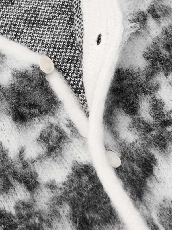 Fluffy Knit V-Neck Cardigan for Men Rose Jacquard Brushed Mohair Blend Striped Pattern Winter - Image 3