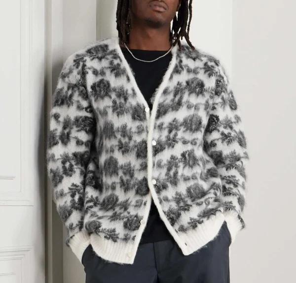 Fluffy Knit V-Neck Cardigan for Men Rose Jacquard Brushed Mohair Blend Striped Pattern Winter