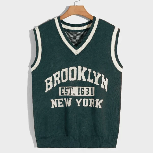 Jacquard Letters Knitted Pullover Knitwear Sleeveless V Neck Knit Sweater Vest for Men - Image 3