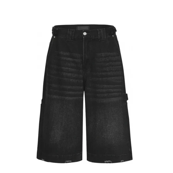 High Quality 100% Cotton Men's Denim Shorts Pockets Acid Washed Hip Hop Style Loose Baggy Cropped Pants