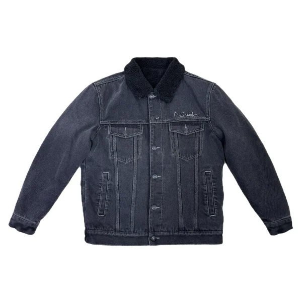 High Quality Black Denim Fleece Men's Jacket Winter Embroidered Motorcycle Jacket Turn-Down Collar Letter Pattern