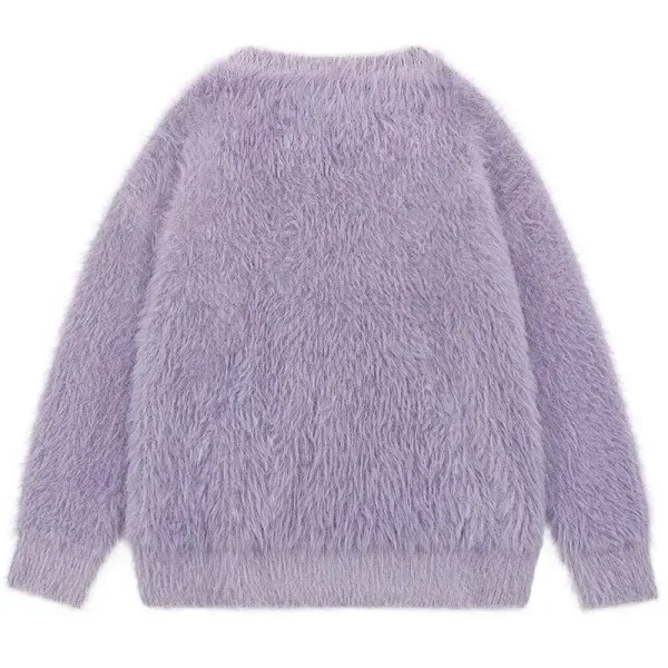 Embroidered Design Pattern Faux Fur Knit Sweater Round Neck Long Sleeve Warm Casual Knit Sweater - Image 2
