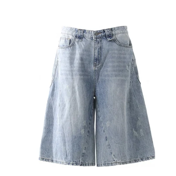 High Quality 100% Cotton Cropped Jeans Breathable Casual Wide Leg Mid Waist Drawstring Closure Knitted Weaving Method - Image 2