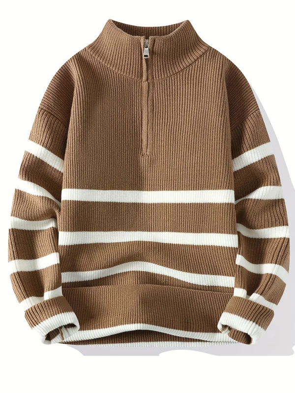 Autumn Winter Trend Men's Casual Loose Jumper Warm Striped Knitted Weave Comfortable Thickened Large Size Jumper Zipper - Image 3