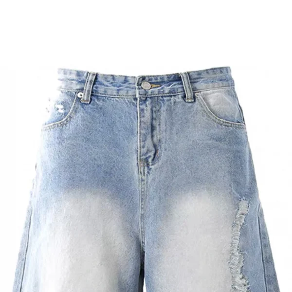 Unisex Trendy Mid Waist Knitted Wide Leg Denim Shorts Vintage Casual Style with Distressed Print Men's Summer Button Hole - Image 3
