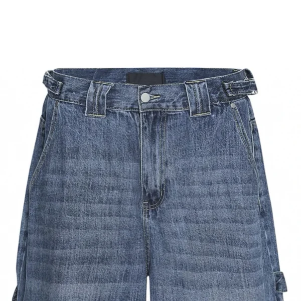 High Quality 100% Cotton Men's Denim Shorts Pockets Acid Washed Hip Hop Style Loose Baggy Cropped Pants - Image 3