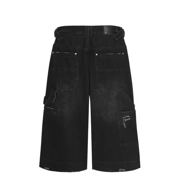 High Quality 100% Cotton Men's Denim Shorts Pockets Acid Washed Hip Hop Style Loose Baggy Cropped Pants - Image 2