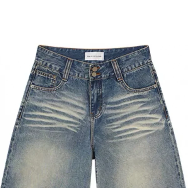 Men's Mid Blue Washed Denim Shorts Breathable Baggy Raw Undone Hem Jorts Lace Button Decoration High Street for Summer - Image 3