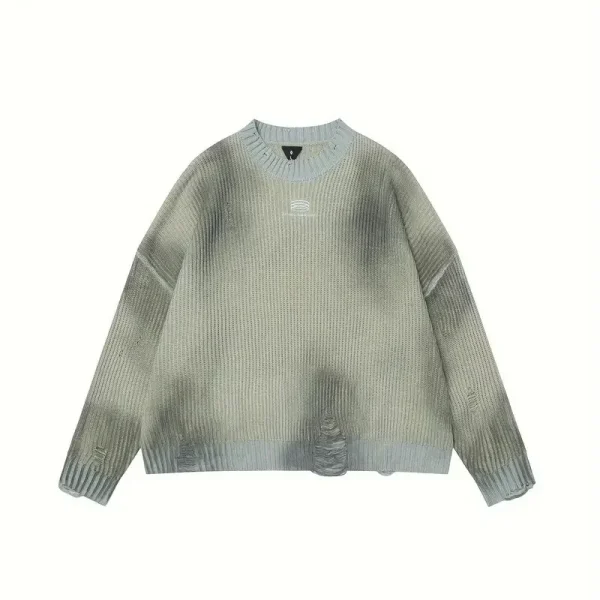 Faux Old Embroidery Crew Neck Sweater Street Style 100% Cotton Ragged Effect Knit Sweater for Men