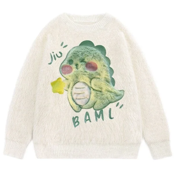 Embroidered Design Pattern Faux Fur Knit Sweater Round Neck Long Sleeve Warm Casual Knit Sweater - Image 3