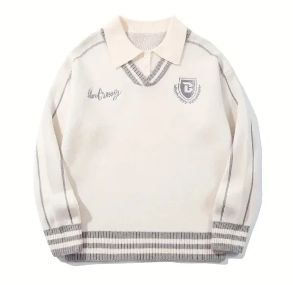 Embroidered Casual College Style POLO Knit Sweater Long Sleeve Wool Blend Unisex Sweater