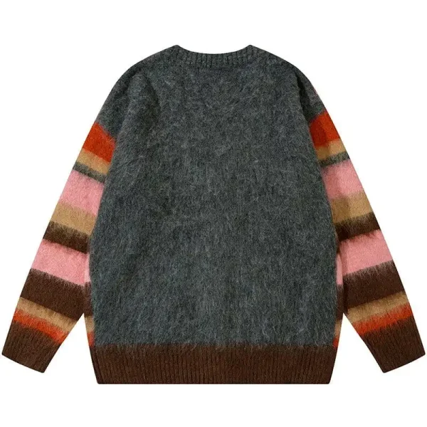 Unisex Casual Long Sleeve Fluffy Mohair Knitted Cardigan Embroidered V-Neck Collar Striped Winter Appropriate - Image 2