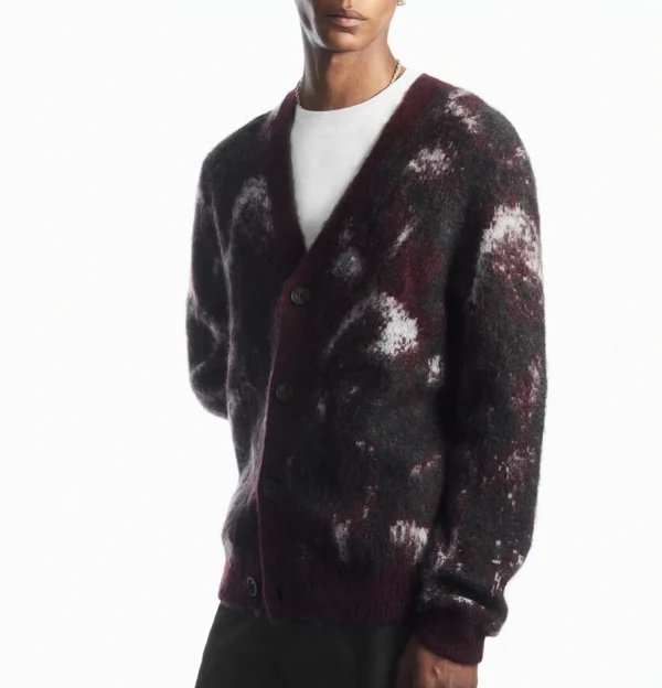 Men's Mohair Cardigan Sweater Casual Fit Furry Jacquard Knitted Cardigan