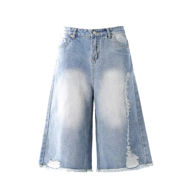 Unisex Trendy Mid Waist Knitted Wide Leg Denim Shorts Vintage Casual Style with Distressed Print Men's Summer Button Hole
