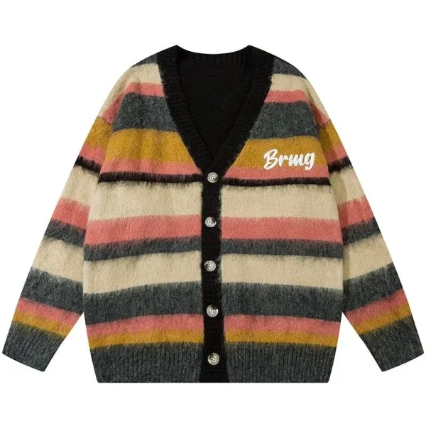 Unisex Casual Long Sleeve Fluffy Mohair Knitted Cardigan Embroidered V-Neck Collar Striped Winter Appropriate - Image 3