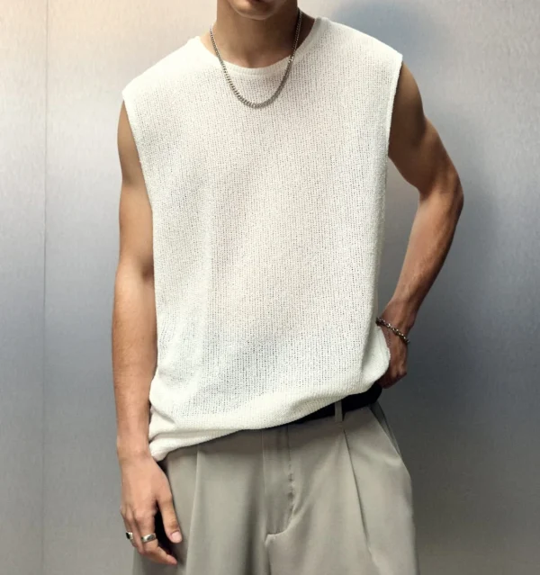 2025 New Style Summer Loose Breathable Solid Color Sleeveless Crew Neck Knit Men's Casual Knit Shirt