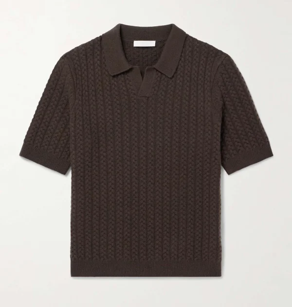 Business Casual Brown Cable Knit Wool Polo Shirt Short Sleeve Knit Top for Men - Image 5