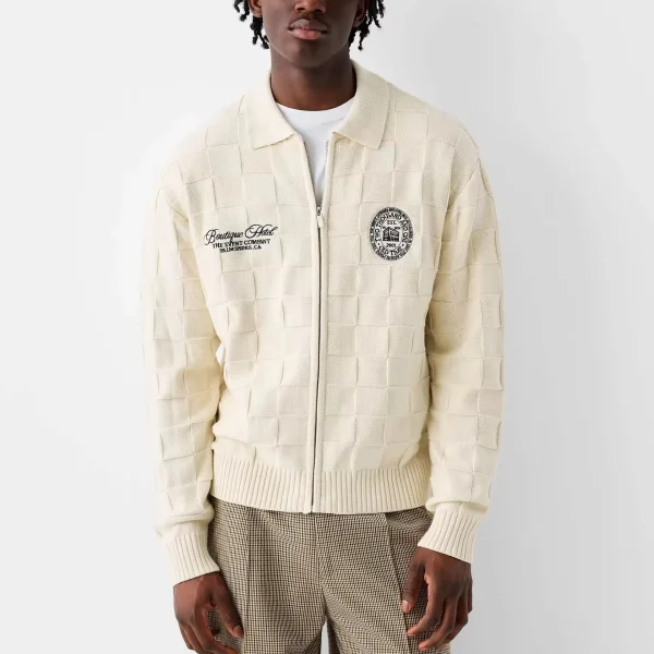 Men's Long Sleeve Zip-up Cardigan Embroidered 100% Cotton Polo Knit for Winter Textured with Letter Pattern