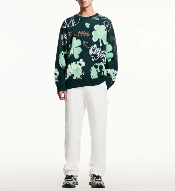 Jacquard Pattern Design 100% Cotton Knitted Pullover Sweater Loose Casual Sweater for Men - Image 2