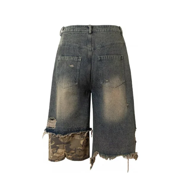 Men's Baggy Denim Shorts Distress Washed Splicing Printing Camo Vintage Style with Crystal Decoration