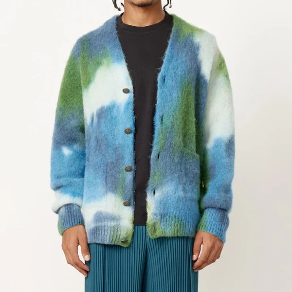 Men's Winter V-Neck Knitted Mohair Wool Cardigan Striped Long Sleeved Plus Size Sweater With Pattern Decoration