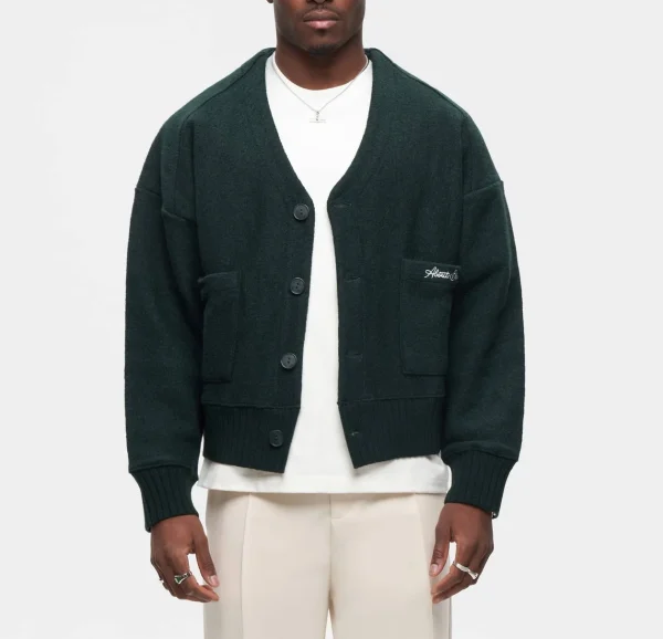Name Casual Fashion Men's Wool Knit Cardigan With Embroidery Pocket Green Cardigan Sweater