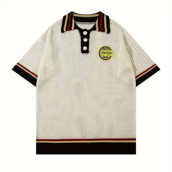 Embroidery Men's Loose Color Blocking Hollow Knitted Polo Shirt Summer Casual Short-Sleeved Sweater