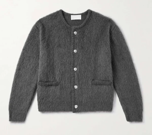 Men's Fashionable Striped Pattern Winter Cardigan Jacket Soft Mohair Brushed V-Neck Pockets Knitted Weaving - Image 5