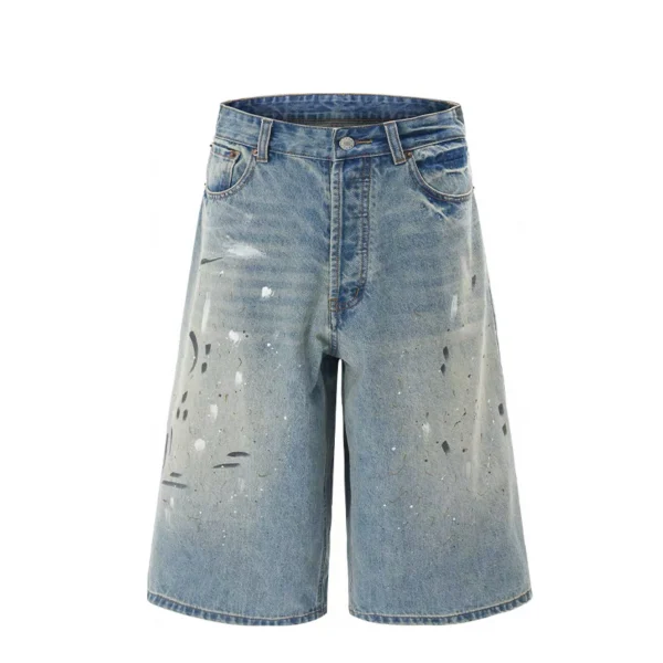Tuesday Rising Men's Vintage Splatter Denim Shorts AC Washed Loose Casual Cross-Border Design Wide-Leg Summer Style