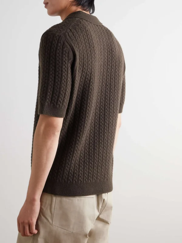 Business Casual Brown Cable Knit Wool Polo Shirt Short Sleeve Knit Top for Men - Image 2