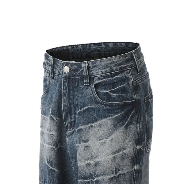 100% Cotton Men's Flared Baggy Jeans for Spring Autumn Mid Breathable Washable Enzyme Washed Button Zipper - Image 4