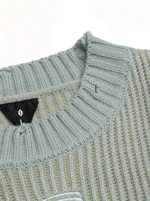 Faux Old Embroidery Crew Neck Sweater Street Style 100% Cotton Ragged Effect Knit Sweater for Men - Image 5