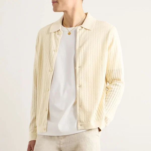 Autumn Men's Casual Cardigan 100% Cotton V-Neck Knit Shirt With Wave Stripe Pattern Decoration Breathable