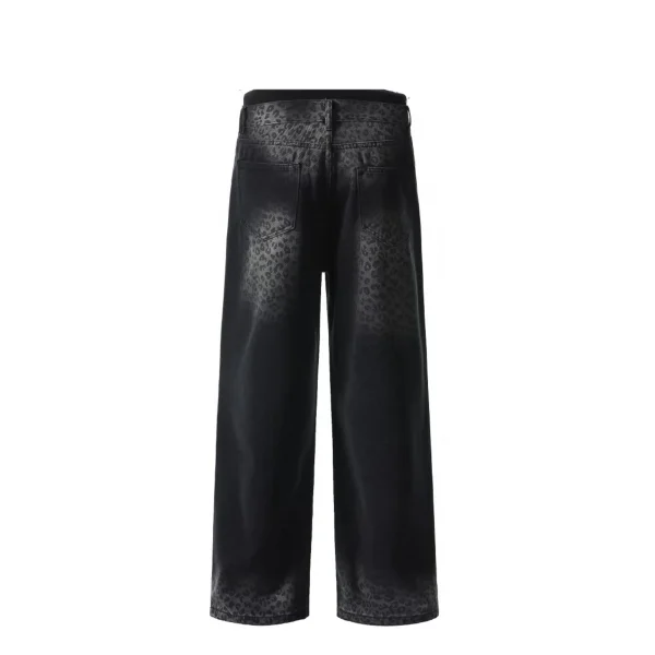 Black Wash Denim Five Pockets Wide-Leg Pants with Leopard Print Design Vintage Y2K Style Baggy Denim Jeans for Winter