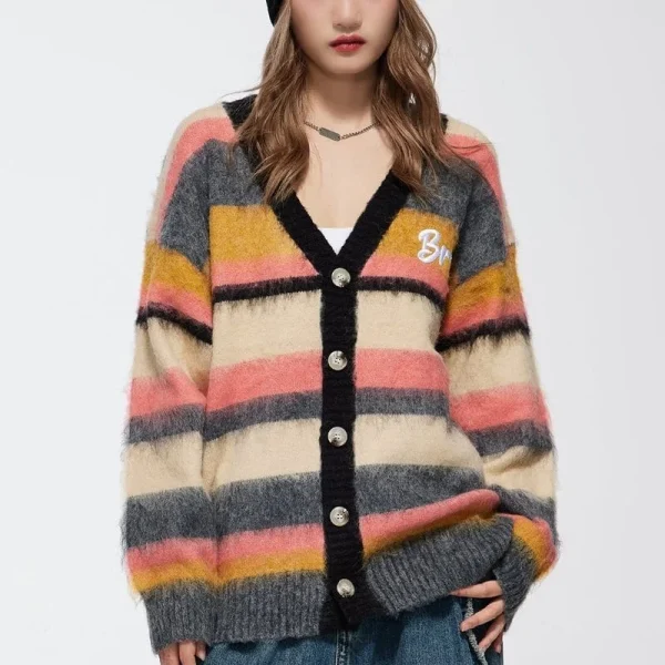 Unisex Casual Long Sleeve Fluffy Mohair Knitted Cardigan Embroidered V-Neck Collar Striped Winter Appropriate