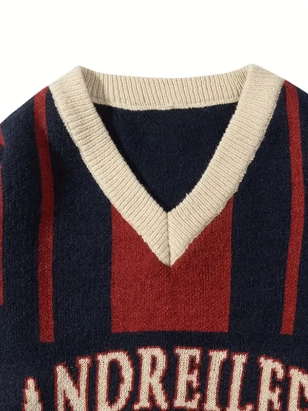 Fall and Winter Models College Style Long-Sleeved V-Neck Knitted Pullover Jacquard Letters Casual Loose Sweater for Men - Image 3